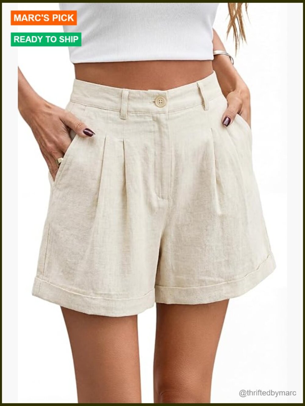 High Waisted Linen Blend Shorts With Pockets, Pleated Cuffed Casual